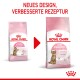 Vergleich von Royal Canin Kittenfutter: "Second Age Kitten Sterilised" links, "Kitten Sterilised 6-12 Monate" rechts, mit einem roten Pfeil für neues Design.