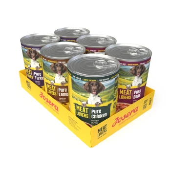 Josera Meatlovers Adult Pure Multipack 6x400 g Sechserpack Josera Meat Lovers Dosen-Hundefutter (Huhn Pur, Rind Pur, Lamm Pur, Truthahn Pur) in einer gelben Verpackung mit Hundeabbildung.