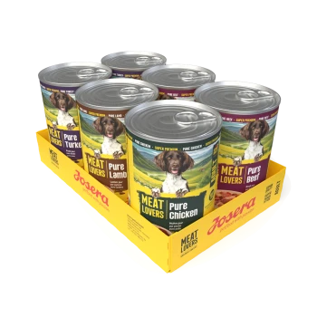 Sechserpack Josera Meat Lovers Dosen-Hundefutter (Huhn Pur, Rind Pur, Lamm Pur, Truthahn Pur) in einer gelben Verpackung mit Hundeabbildung.