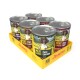 Sechserpack Josera Meat Lovers Dosen-Hundefutter (Huhn Pur, Rind Pur, Lamm Pur, Truthahn Pur) in einer gelben Verpackung mit Hundeabbildung.