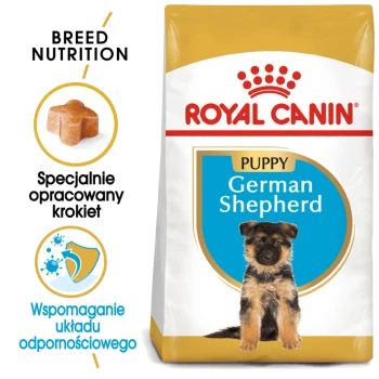 Karma Royal Canin dla szczeniąt owczarka niemieckiego, z obrazkiem szczeniaka, z tekstem podkreślającym odżywianie rasy i wsparcie odporności.