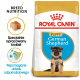 Karma Royal Canin dla szczeniąt owczarka niemieckiego, z obrazkiem szczeniaka, z tekstem podkreślającym odżywianie rasy i wsparcie odporności.