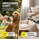Eine Flasche des GREEN HERO Floh- und Zeckenschutzsprays für Haustiere, mit einem Hund und einer Katze auf dem Etikett, mit Zertifizierungen und dem Logo "Made in Germany."