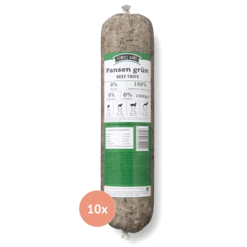 Rinderpansenrolle mit der Aufschrift "Pansen grün" von Simple Bar, 1000g, mit Nährwertangaben, die 0% Fleisch, 0% Gemüse und ein 10x Mengenabzeichen zeigen.