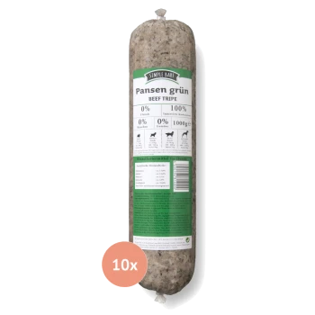 Rinderpansenrolle mit der Aufschrift "Pansen grün" von Simple Bar, 1000g, mit Nährwertangaben, die 0% Fleisch, 0% Gemüse und ein 10x Mengenabzeichen zeigen.