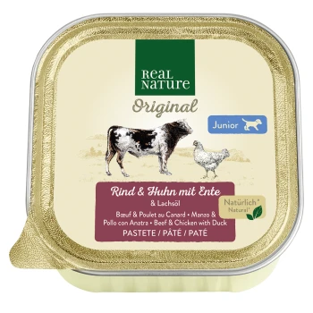 Real Nature Original Haustierfutterbehälter mit Rind und Huhn sowie Enten- und Lachsöl, gekennzeichnet für Junghunde.