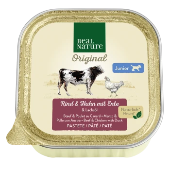 Real Nature Original Haustierfutterbehälter mit Rind und Huhn sowie Enten- und Lachsöl, gekennzeichnet für Junghunde.
