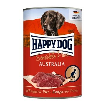 Eine Dose Happy Dog Sensible Pure Hundefutter mit einem Kängurufleischprodukt, vor einem Hintergrund australischer Landschaften und einem Hundebild.