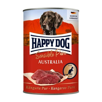 Eine Dose Happy Dog Sensible Pure Hundefutter mit einem Kängurufleischprodukt, vor einem Hintergrund australischer Landschaften und einem Hundebild.