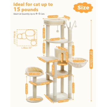 Katzenspielbaum-Abmessungen und -Spezifikationen, geeignet für Katzen bis zu 15 Pfund, Platz für 4-5 Katzen, mit verschiedenen Plattformen und gemütlichen Betten.