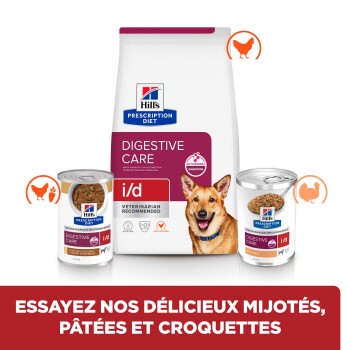 Sacs et boîtes de nourriture pour chiens Hill's Prescription Diet Digestive Care i/d aux saveurs poulet et dinde, recommandé par les vétérinaires.