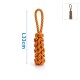 Rot-gelb gestreiftes, geknotetes Seil-Hundespielzeug mit Schlaufe, 33 cm lang, mit kleinem Bild einer braunen Version.