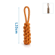 Rot-gelb gestreiftes, geknotetes Seil-Hundespielzeug mit Schlaufe, 33 cm lang, mit kleinem Bild einer braunen Version.