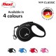 Black flexi retractable dog leash with a handle, labeled "NEW CLASSIC," and available in four colors: black, blue, red, and pink.