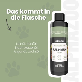 Flasche Alphazoo Alpha-Immun Haustieröl mit aufgelisteten Inhaltsstoffen: Leinsamen, Hanf, Nachtkerze, Argan und Lachsöl.
