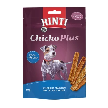 Chicko Plus Fischstäbchen, mit Lachs und Thunfisch 12x80 g Rinti Chicko Plus Hundesnacks Verpackung, mit knusprigen Fischstäbchen mit Lachs und Huhn, 80g, beschriftet mit "reich an Omega 3."