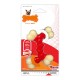 Rotes und weißes Hundekauspielzeug in Form eines Knochens, beschriftet mit "Bacon-Geschmack," mit Text, der "Langanhaltend" und "Power Chew" hervorhebt.