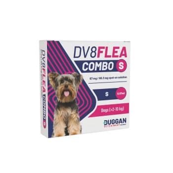 Box of DV8FLEA COMBO S flea treatment for dogs (2–10 kg), 0.67 ml, shows small dog photo and Duggan Veterinary logo.