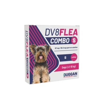 Box of DV8FLEA COMBO S flea treatment for dogs (2–10 kg), 0.67 ml, shows small dog photo and Duggan Veterinary logo.