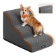 Corgi steht auf einer grauen rutschfesten strukturierten Haustierrampe/Treppe mit eingelassenem Griff, orangefarbenem Halstuch und sichtbarem 'feandrea'-Label.