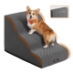 Corgi steht auf einer grauen rutschfesten strukturierten Haustierrampe/Treppe mit eingelassenem Griff, orangefarbenem Halstuch und sichtbarem 'feandrea'-Label.
