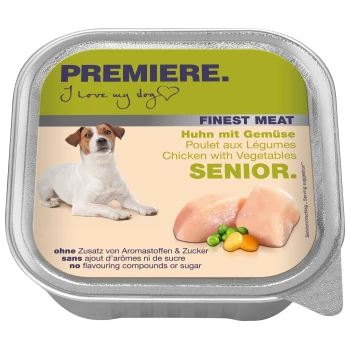 Emballage de nourriture humide pour chiens de marque "Premiere", étiqueté "Finest Meat", avec du poulet et des légumes pour les seniors, sans saveurs ni sucres ajoutés.