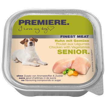Emballage de nourriture humide pour chiens de marque "Premiere", étiqueté "Finest Meat", avec du poulet et des légumes pour les seniors, sans saveurs ni sucres ajoutés.