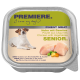 Emballage de nourriture humide pour chiens de marque "Premiere", étiqueté "Finest Meat", avec du poulet et des légumes pour les seniors, sans saveurs ni sucres ajoutés.