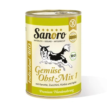 Dose Sanoro Hundefutter mit der Aufschrift "Gemüse Obst Mix 1" und einem springenden Hund Grafik, mit Zutaten wie Karotte, Zucchini, Kürbis und Apfel.