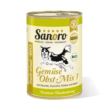 Dose Sanoro Hundefutter mit der Aufschrift "Gemüse Obst Mix 1" und einem springenden Hund Grafik, mit Zutaten wie Karotte, Zucchini, Kürbis und Apfel.