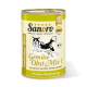 Dose Sanoro Hundefutter mit der Aufschrift "Gemüse Obst Mix 1" und einem springenden Hund Grafik, mit Zutaten wie Karotte, Zucchini, Kürbis und Apfel.