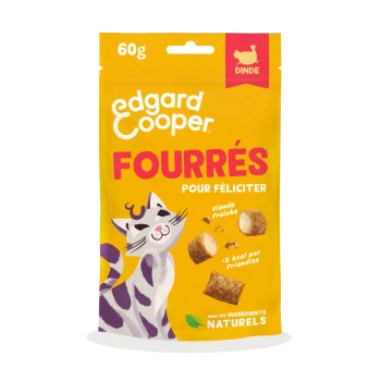Pochette jaune Edgard Cooper 60 g de friandises pour chats : 'FOURRÉS POUR FÉLICITER', icône 'DINDE', illustration de chat, croquettes fourrées visibles.