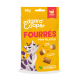 Pochette jaune Edgard Cooper 60 g de friandises pour chats : 'FOURRÉS POUR FÉLICITER', icône 'DINDE', illustration de chat, croquettes fourrées visibles.