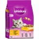 Whiskas kattenvoerzak met een grijze kat met groene ogen, 7 kg formaat, met kip als hoofdingrediënt en voedingsvoordelen.