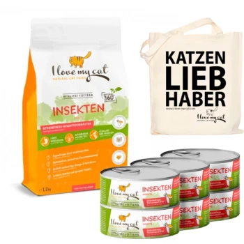 Verpackung für natürliches Katzenfutter mit der Aufschrift "Ich liebe meine Katze" mit einer insektenbasierten Formel, begleitet von vier Dosen und einer Tragetasche mit der Aufschrift "KATZEN LIEB HABER."