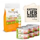 Verpackung für natürliches Katzenfutter mit der Aufschrift "Ich liebe meine Katze" mit einer insektenbasierten Formel, begleitet von vier Dosen und einer Tragetasche mit der Aufschrift "KATZEN LIEB HABER."