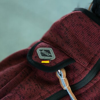 Nahaufnahme eines kastanienbraunen Haustier-Rucksacks mit einem Jeggo-Logo und einer kleinen deutschen Flagge, die den strukturierten Stoff und das Reißverschlussdetail zeigt.