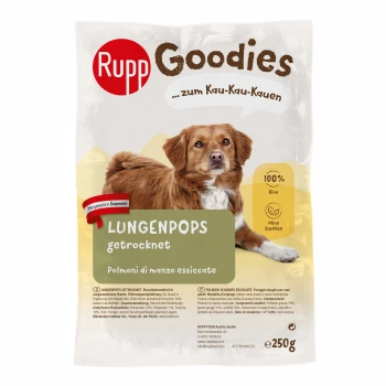 Verpackung für Hundeleckerlis mit "Rupp Goodies Lungenpops" mit einem Gewicht von 250g, gekennzeichnet als 100% Rindfleisch und ohne Zusatzstoffe.
