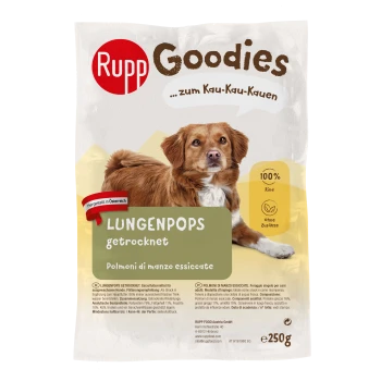 Verpackung für Hundeleckerlis mit "Rupp Goodies Lungenpops" mit einem Gewicht von 250g, gekennzeichnet als 100% Rindfleisch und ohne Zusatzstoffe.
