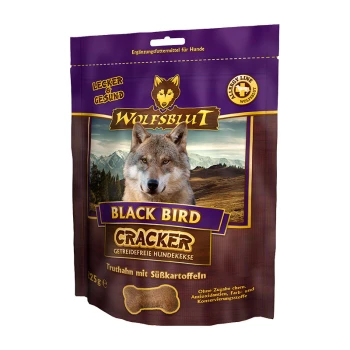 Wolfsblut Black Bird Cracker-Hundeleckerlis-Verpackung, mit dem Gesicht eines Wolfes, 225g, getreidefrei, mit Truthahn und Süßkartoffeln.