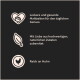 Dunkle Grafik für Tiernahrung mit Herz-, Blatt- und Huhn-Symbolen und deutschem Text „Reich an Huhn“.