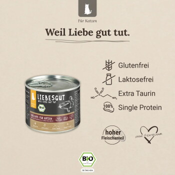 Liebesgut Katzenfutterdosen, Aufschrift 'Weil Liebe gut tut.', Katzen-Icon, Bio-Siegel und Symbole: Glutenfrei, Laktosefrei, Extra-Taurin.