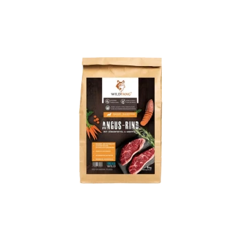 Braune Papiertüte mit Wildfang Angus Rindfleisch-Hundefutter, mit Bildern von Rindfleischstücken, Karotten und Süßkartoffeln, beschriftet mit "6 kg."