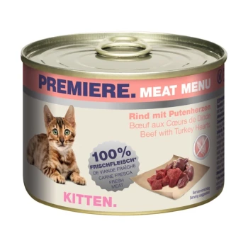 Meat Menu Kitten Wołowina i serca indycze 6x200 g Puszka karmy dla kociąt oznaczona "Premiere Meat Menu" z tabby kociakiem i tekstem "Wołowina z sercami indyka" oraz "100% świeżego mięsa."