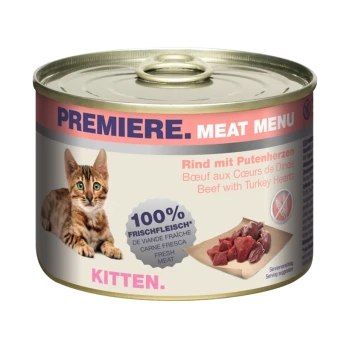 Eine Dose Kittenfutter, beschriftet mit "Premiere Meat Menu", die ein getigertes Kätzchen zeigt und den Text "Rindfleisch mit Truthahnherzen" und "100% Frisches Fleisch" enthält.