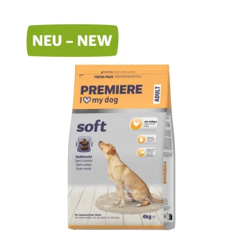 Sachet de nourriture semi-humide pour chiens adultes PREMIERE I ♥ my dog (4 kg) avec image d'un labrador et étiquette verte « NEU - NEW »