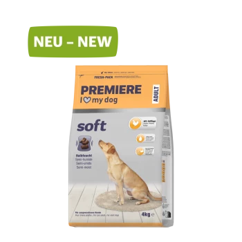 Tüte PREMIERE 'I ♥ my dog' weiches Adult-Hundefutter (halbfeucht, 4 kg) mit Labrador-Bild und grünem 'NEU - NEW'-Label