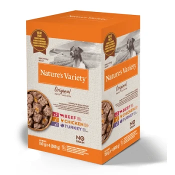 Pudełko karmy dla zwierząt Nature's Variety Original z wołowiną, kurczakiem i indykiem, z etykietą 'bez zbóż' i obrazkiem psa z boku.