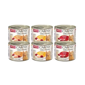 Carny Nassfutter Katze Adult, Mixpaket Single Protein 6x200 g Sechs Dosen animonda CARNY Einzelprotein-Katzenfutter für Erwachsene, mit den Geschmacksrichtungen: Pute (pute pur), Huhn (huhn pur) und Rind (rind pur).