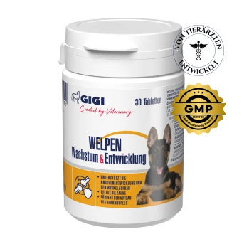 Behälter mit GIGI-Wachstums- und Entwicklungstabletten für Welpen, 30 Stück, mit einem Bild eines Deutschen Schäferhundes und Text, der die Vorteile hervorhebt.